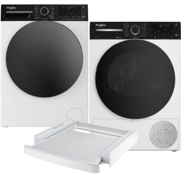 Фото - Комплект техники Whirlpool Стиральная машина с фронтальной загрузкой + Сушильная машина + Комплект креплений для установки в колонну Whirlpool WAM 87WBC UA + WP B9X WBS UA + SKS101 White